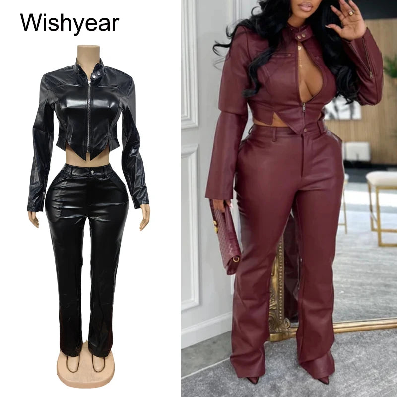 FZ Women's Stretch PU Leather 2 Pieces Long Sleeves Zipper Pants Suit