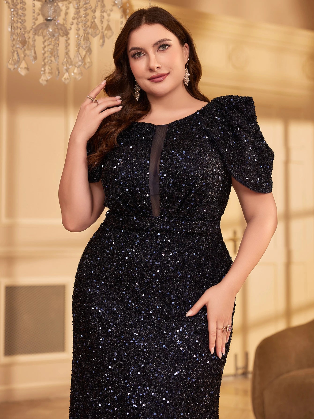 FZ Women's Plus Size V-Neck Short Sleeve Glitter Evening Dress