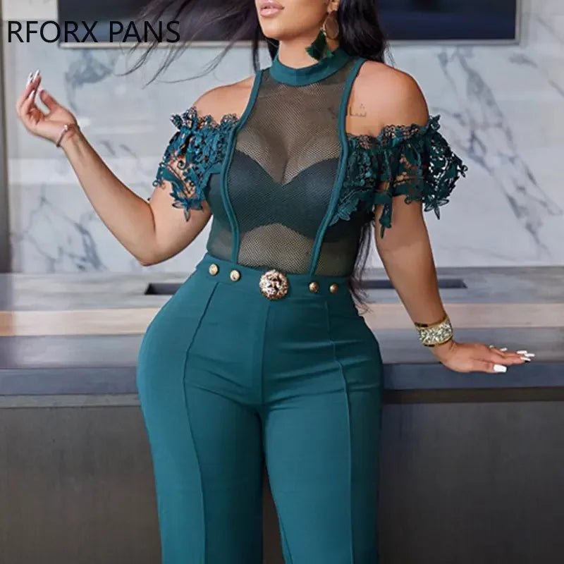 FZ Women's Elegant Solid Mesh Patchwork Lace Off Shoulder Sexy Straight Jumpsuit - FZwear