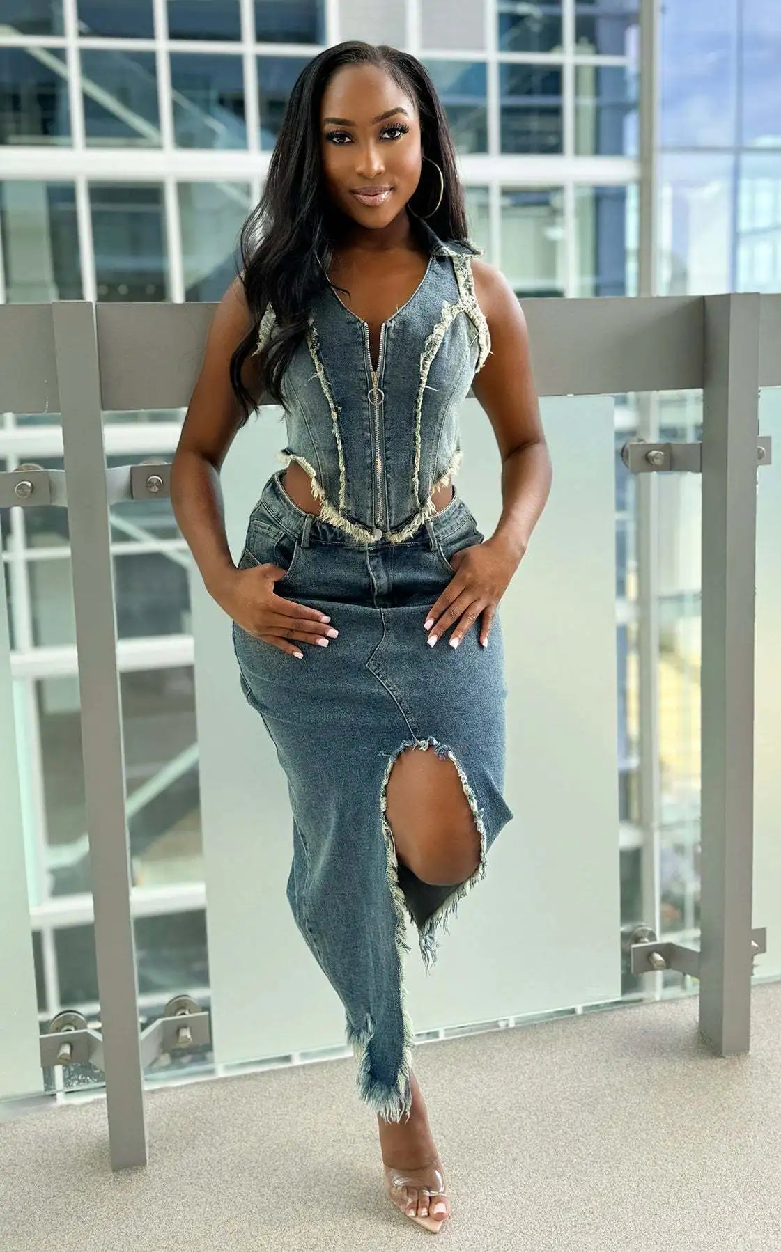 FZ Women's Streetwear Two Pieces Split Denim Skirt Suit