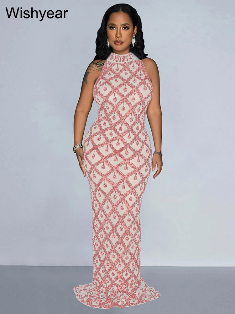 FZ Women's Pink Sequins Sleeveless Backless Halter Sexy Evening Dress - FZwear