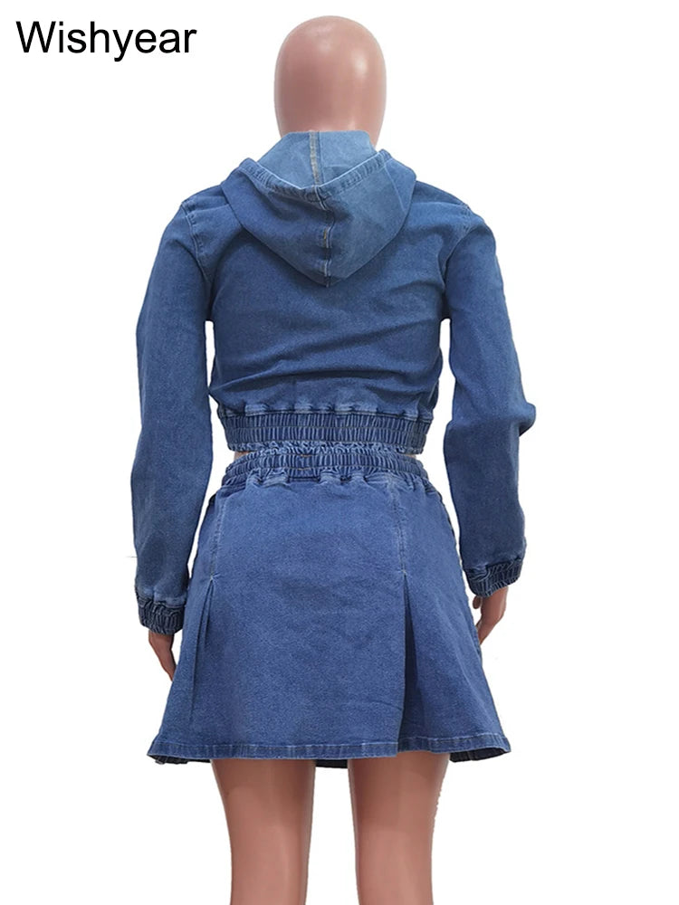 FZ Women's Long Sleeve Hooded Pleated Vintage Wash 2 Piece Denim Skirt Suit