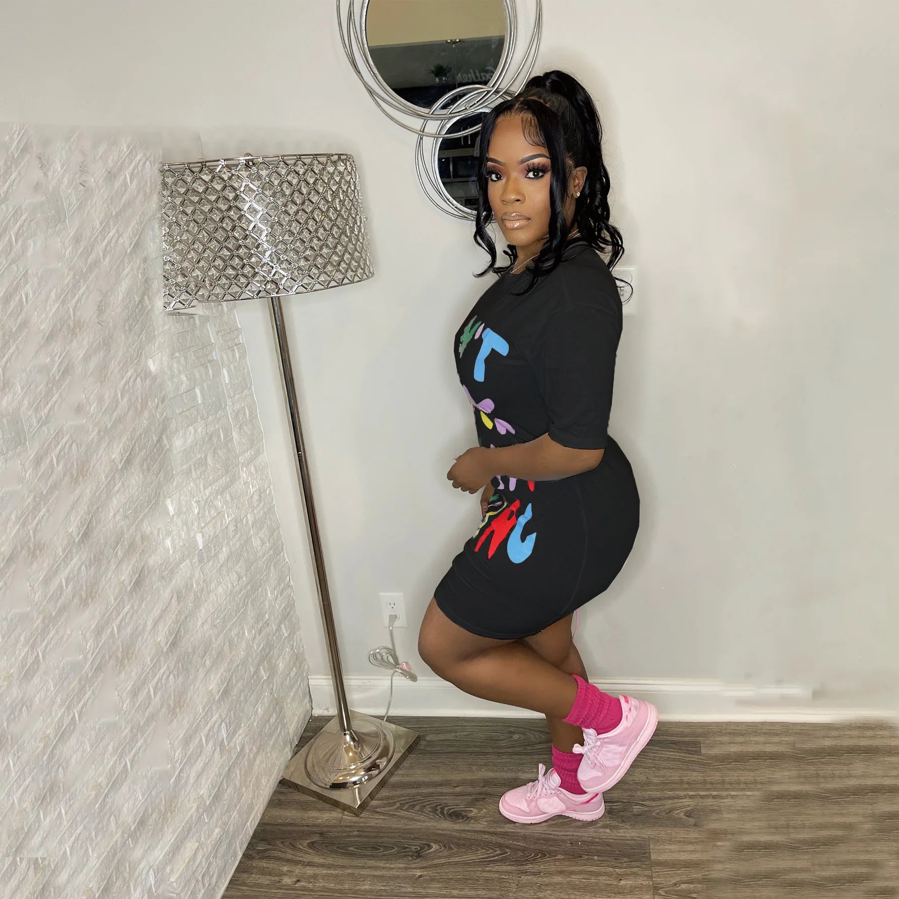 FZ Women's Stylish Multicolor Contrasting Letter Oversized Tee