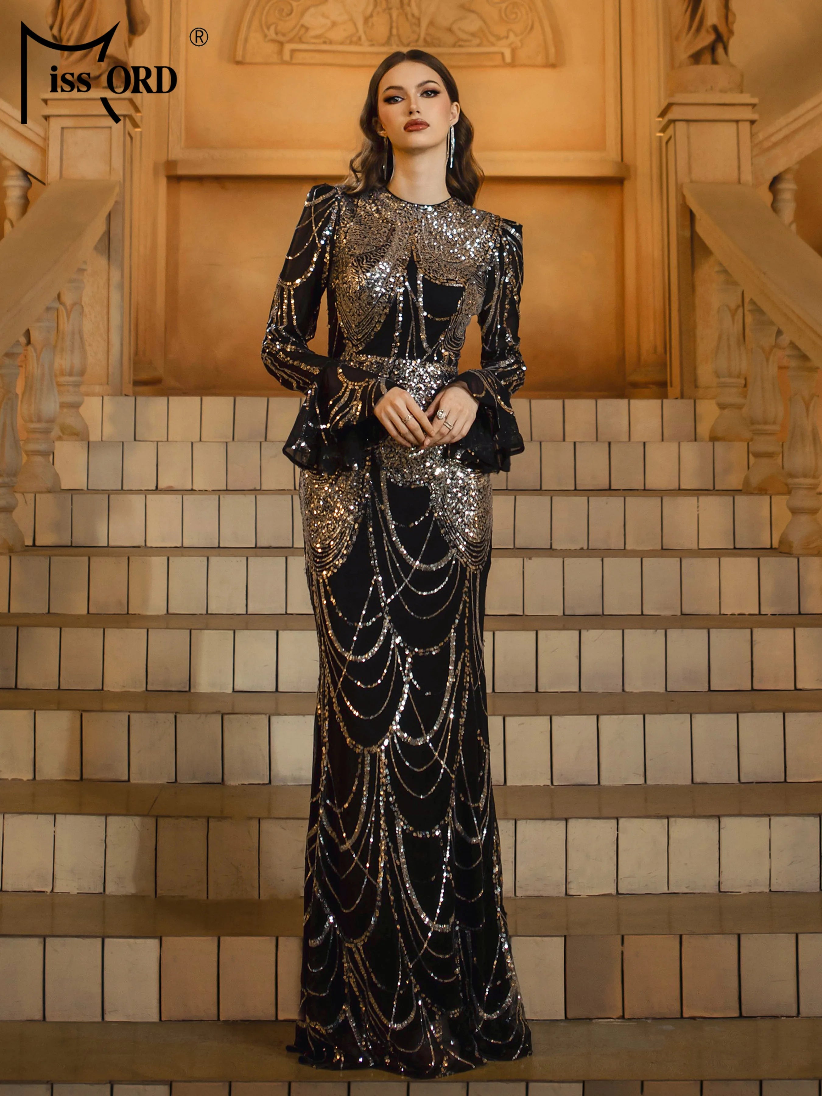 FZ Women's Round Neck Sequin Mermaid Cocktail Evening Dress