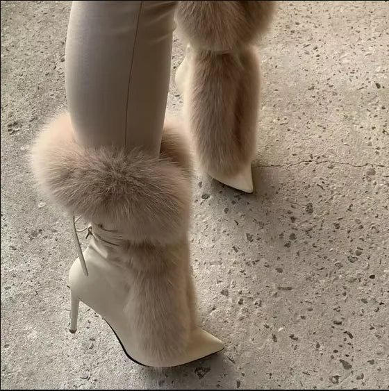 FZ Women's Stiletto Heels Ankle Straps Pointed Toe Fur Mid Calf Boots