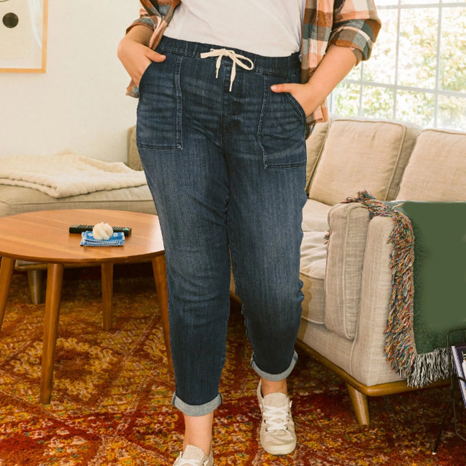 FZ Women's Casual Stretch Drawstring Elastic Waist Straight Denim Pants - FZwear