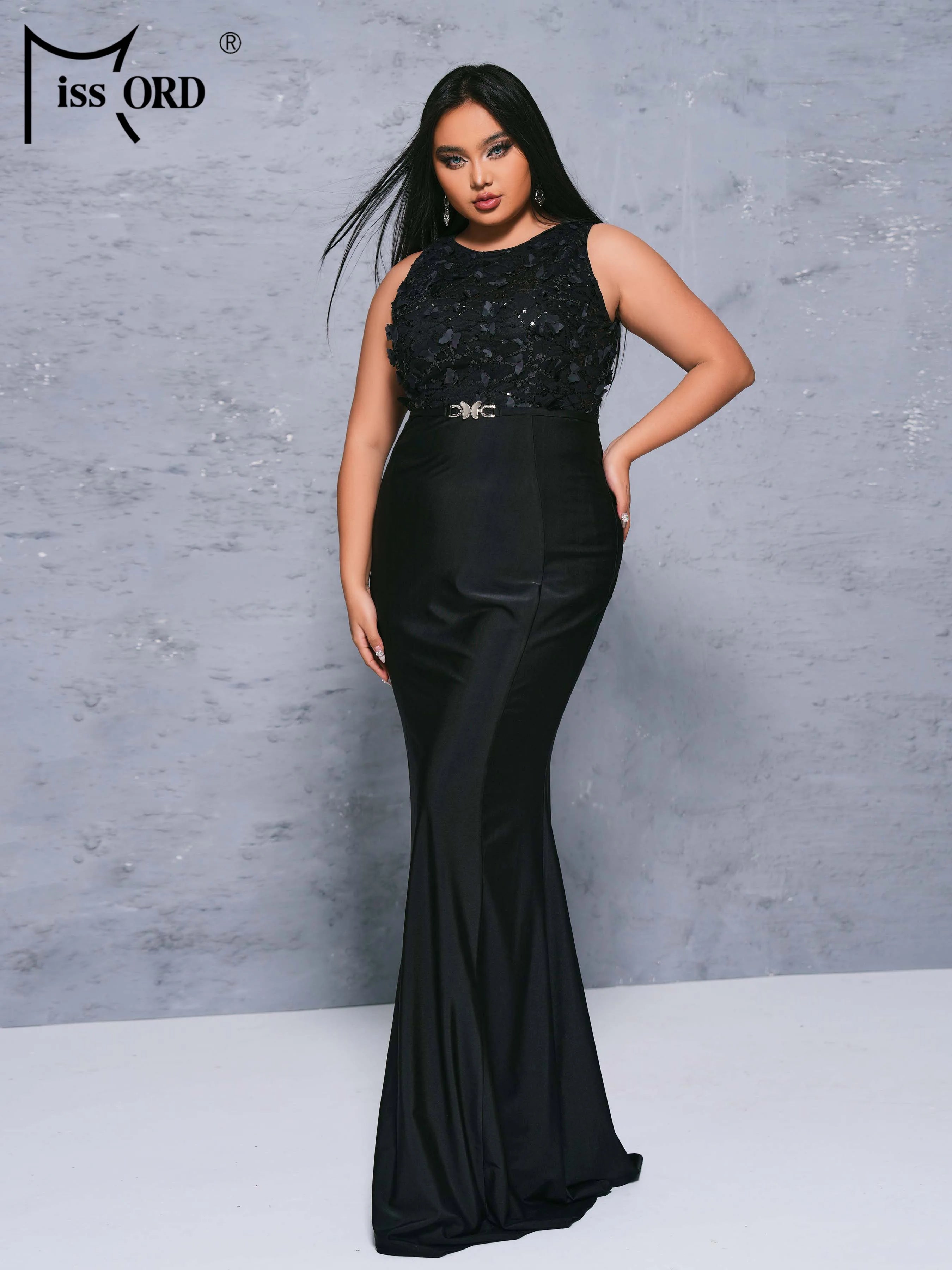 FZ Women's Plus Size Round Neck Sleeveless Panel Black Mermaid Evening Dress\