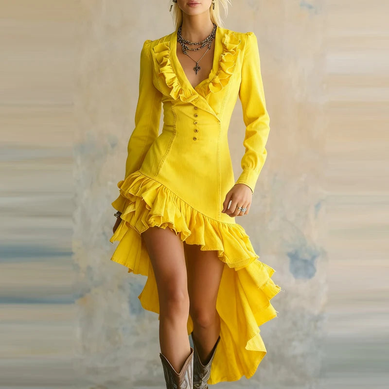 FZ Women's Ruffled Waist Pleat Irregular Solid Slim V-neck Wash Denim Dress