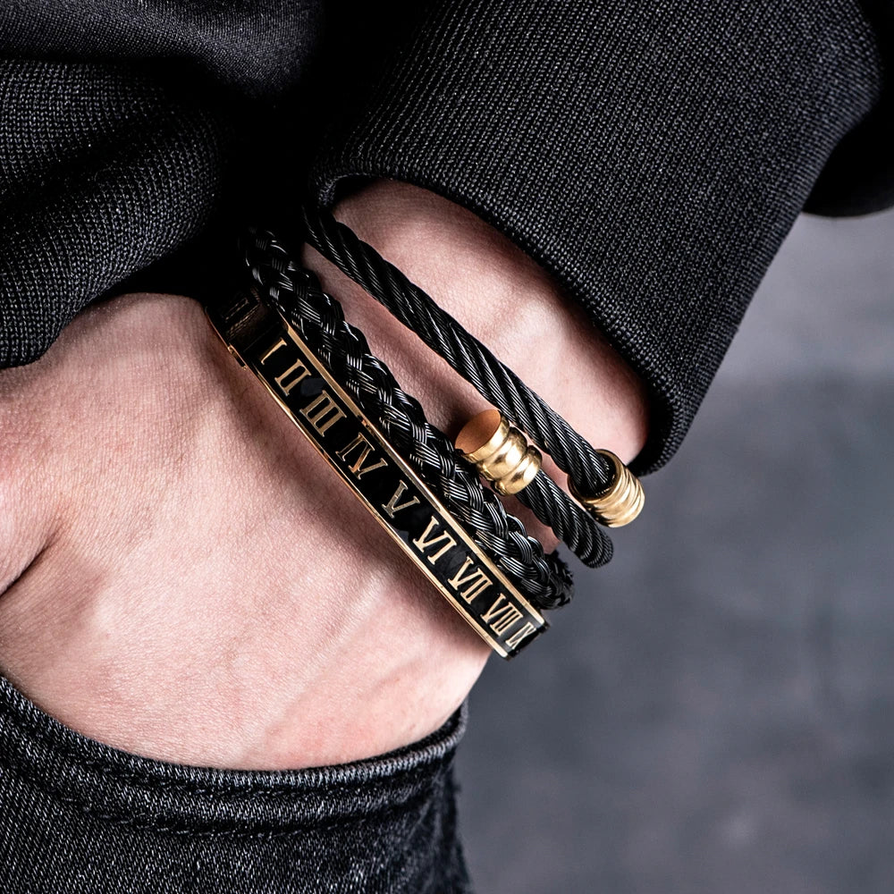 FZ 3pcs/Set Classical Handmade Stainless Steel Hemp Rope Luxury Bracelet - FZwear