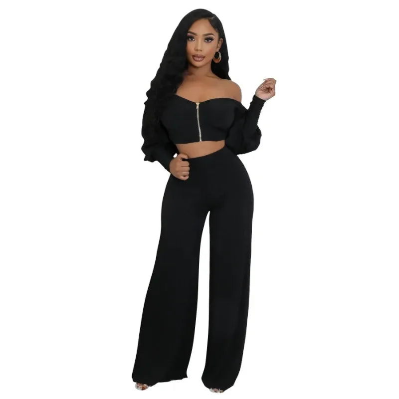 FZ Women's Full Sleeve Wide Leg Two 2 Piece Pants Suit