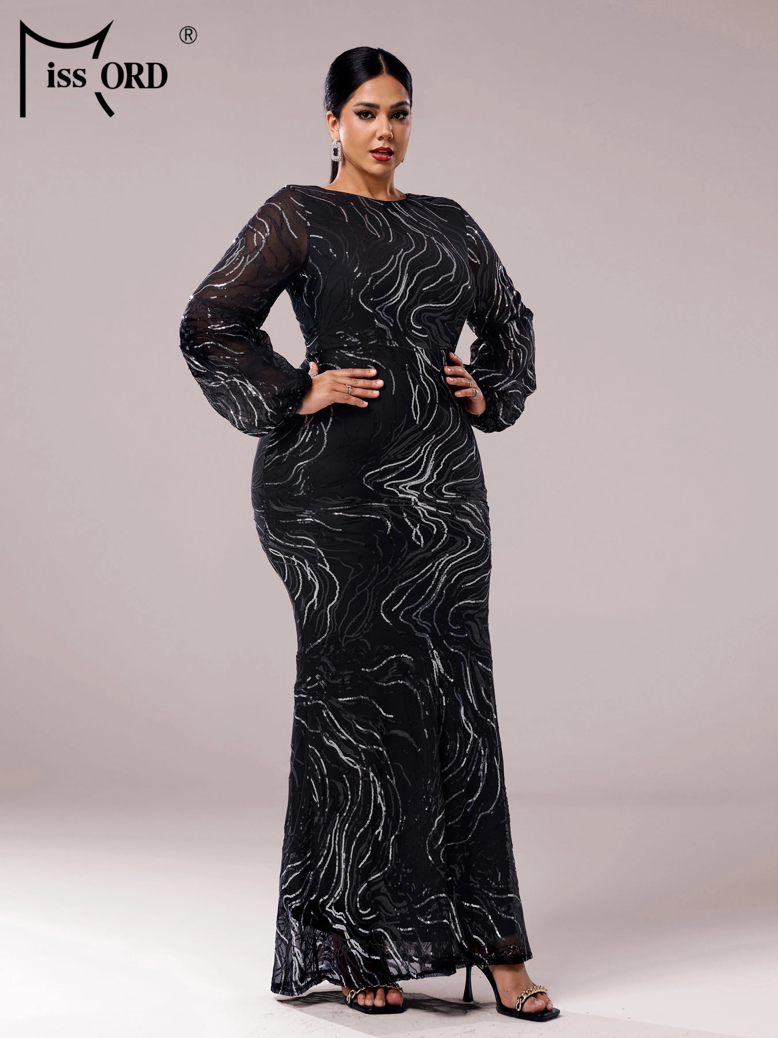 FZ Women's Plus Size Church Lantern Sleeves Round Neck Mermaid Evening Dress