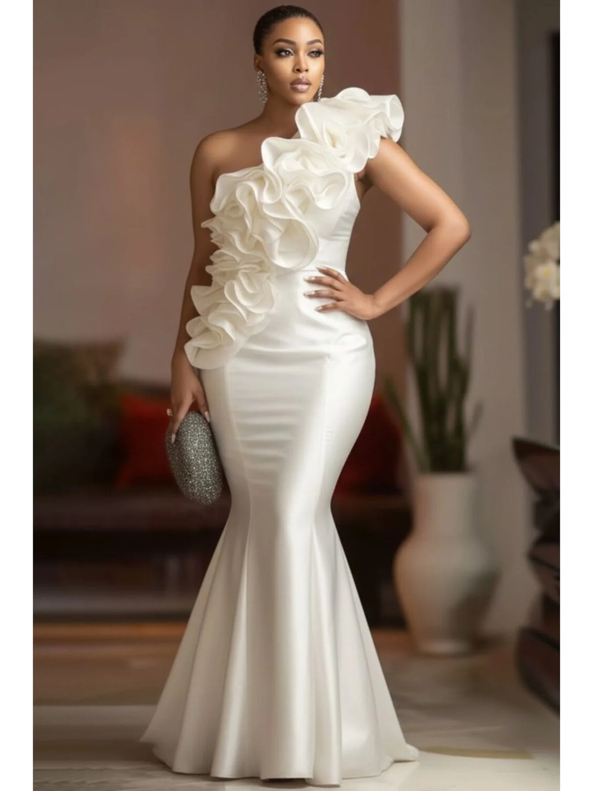 FZ Women's Plus Size Mermaid One‑Shoulder 3D Ruffle Maxi Evening Dress