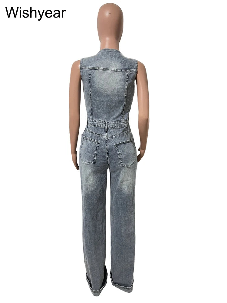 FZ Women's High Waist Wide Leg Cuffed Hem Button Front Sleeveless Denim Jumpsuit