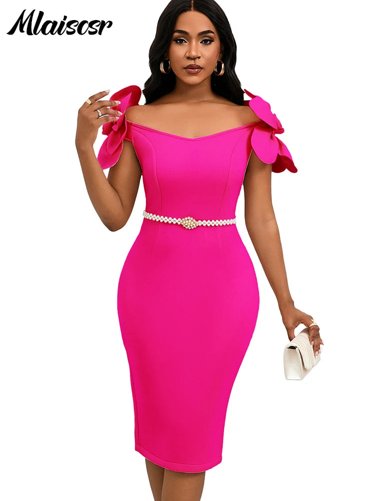 FZ Women's Off the Shoulder Petal Sleeve Mid with Sashes Evening Dress