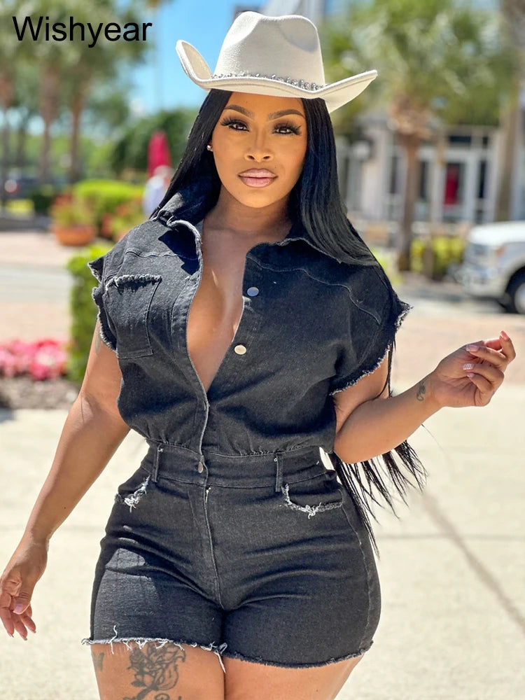 FZ Women's Fashion Black Stretch Button Up Slim One Piece Denim Jumpsuit - FZwear