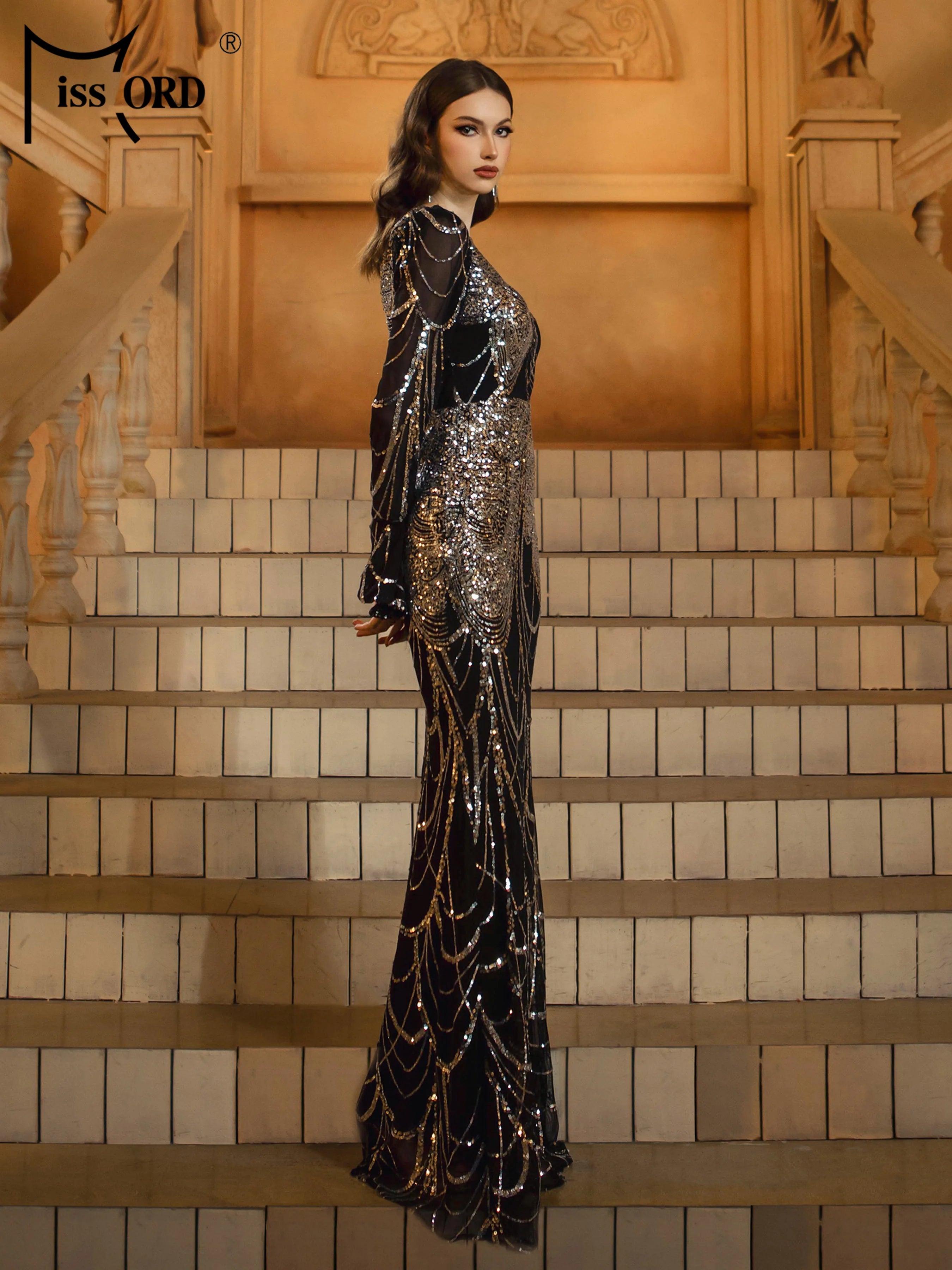 FZ Women's Round Neck Sequin Mermaid Cocktail Evening Dress