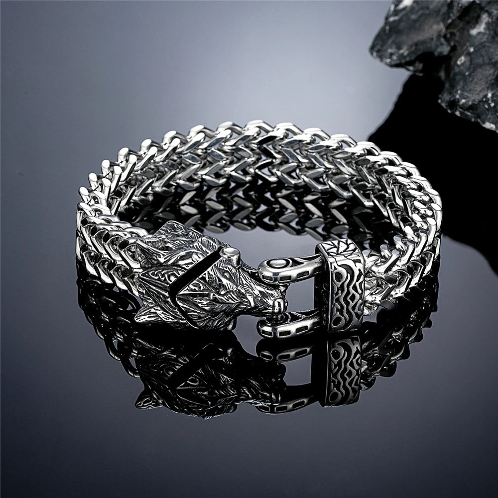 FZ Men's Retro Vikings Stainless Steel Mesh Chain Bear Norse Wolf Bracelet