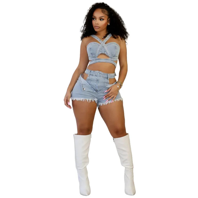 FZ Women's Wrap Strap Two 2 Piece Cutout Denim Shorts Suit