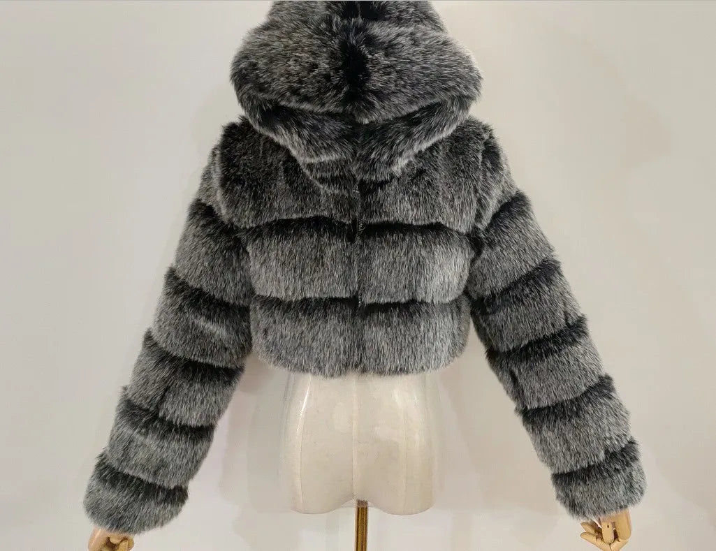 FZ Women's Faux Fur Thick Warm Hooded Open Stitch Short Coat Jacket
