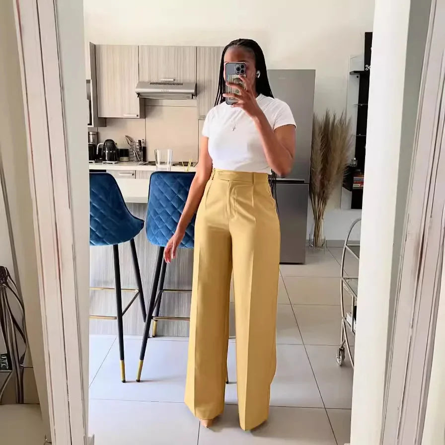 FZ Women's Solid Button Pocket Straight Wide Leg High Waisted Pants