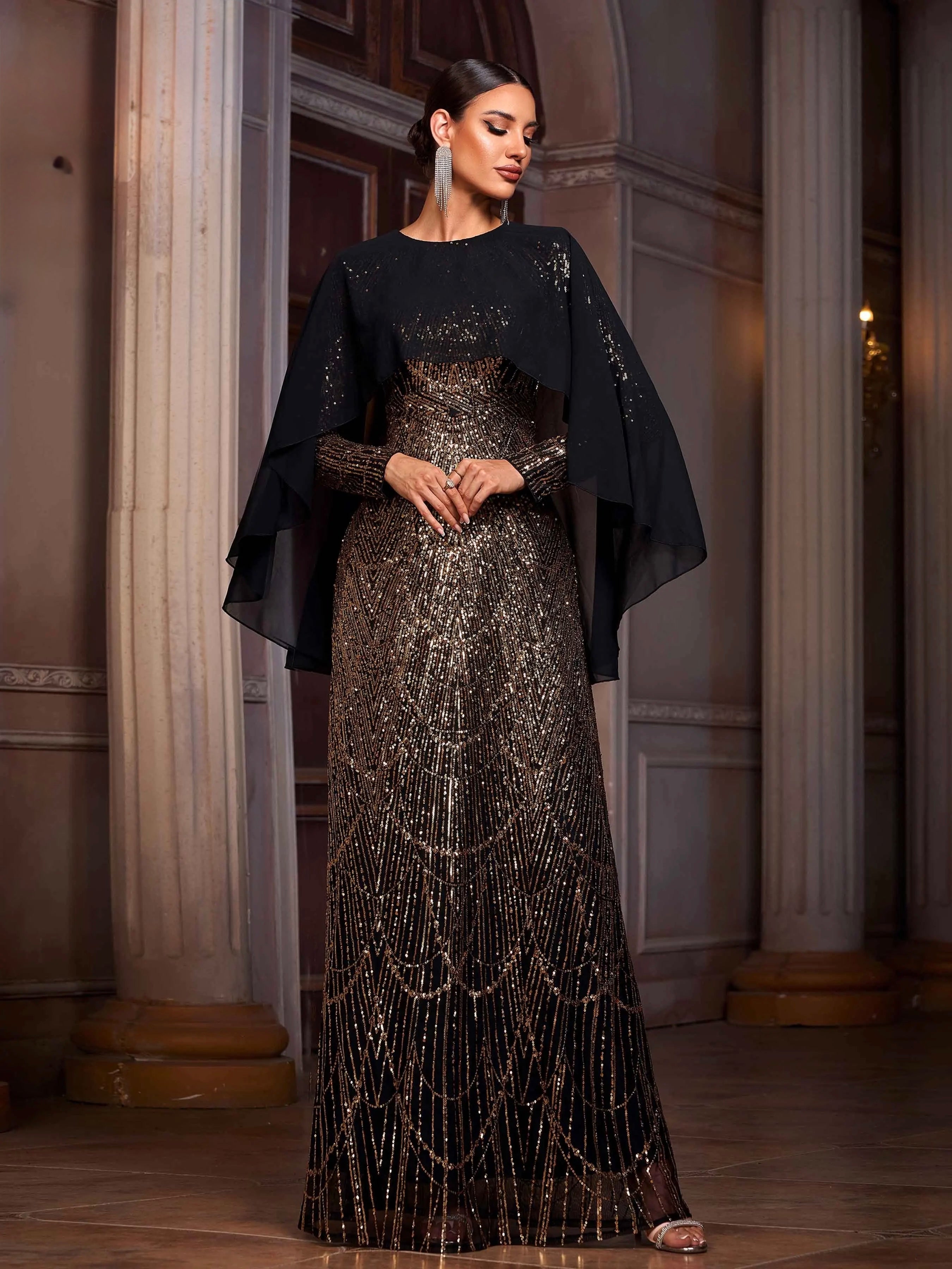 FZ Women's Round Neck A Line Sequin Batwing Sleeves Maxi Evening Dress