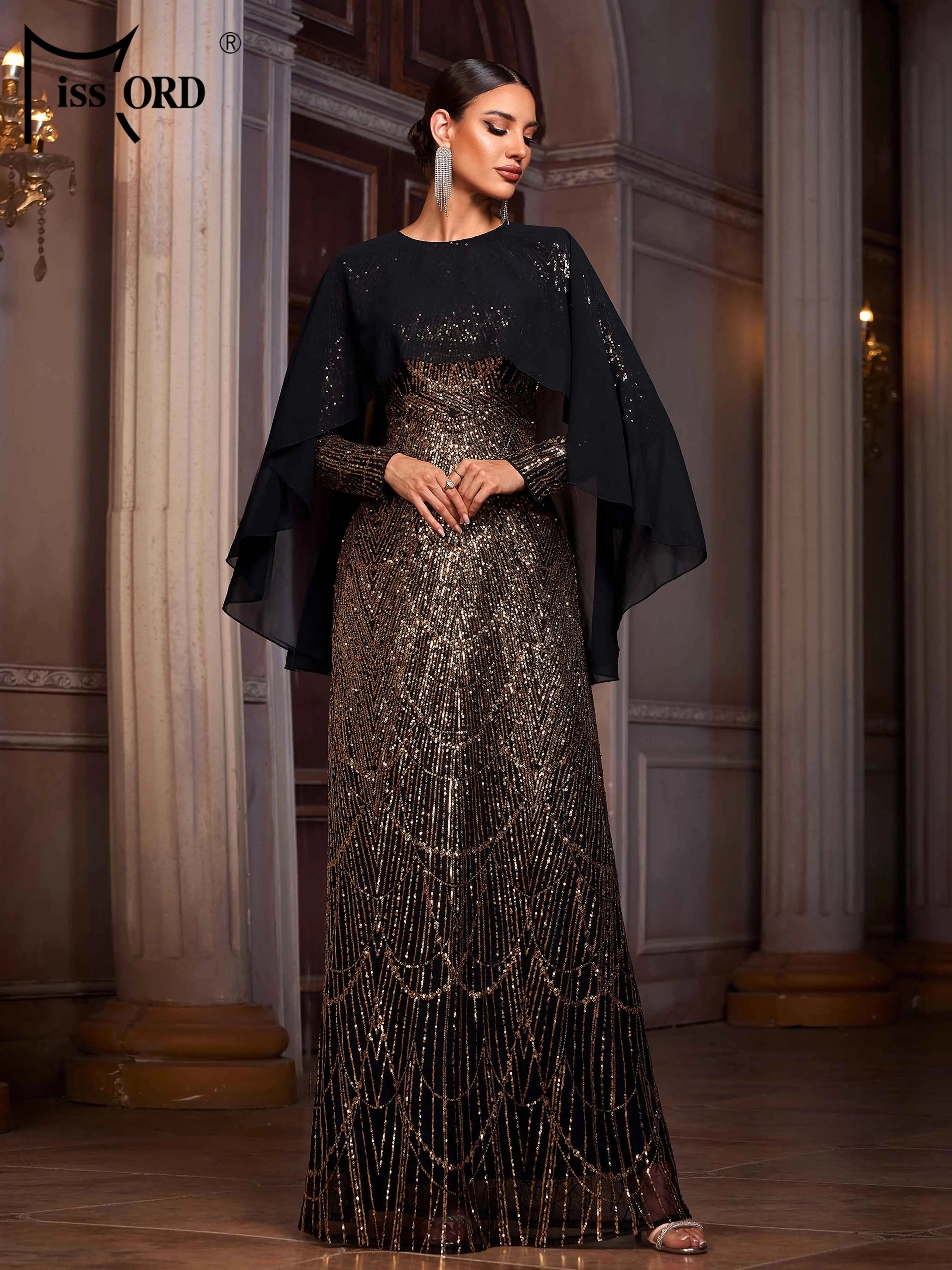 FZ Women's Round Neck A Line Sequin Batwing Sleeves Maxi Evening Dress
