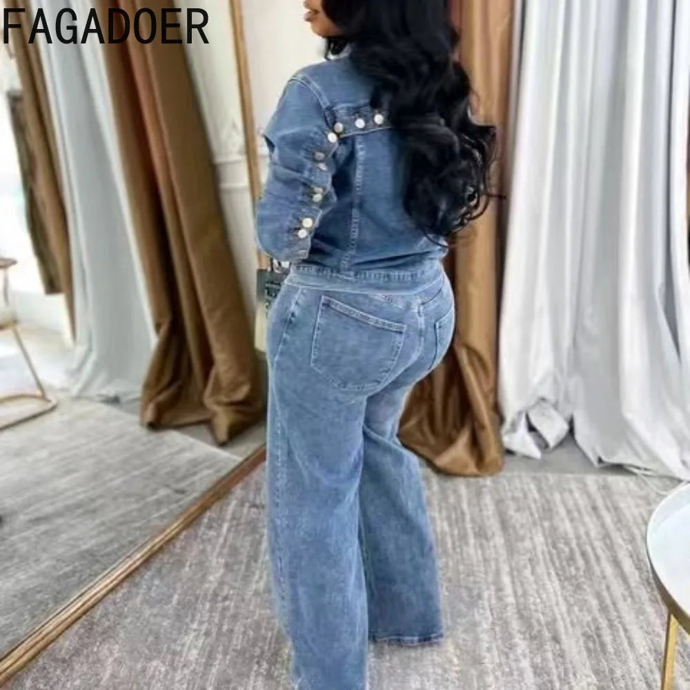 FZ Women's Solid Color Single Breasted Streetwear 2 Pieces Denim Pants Suit