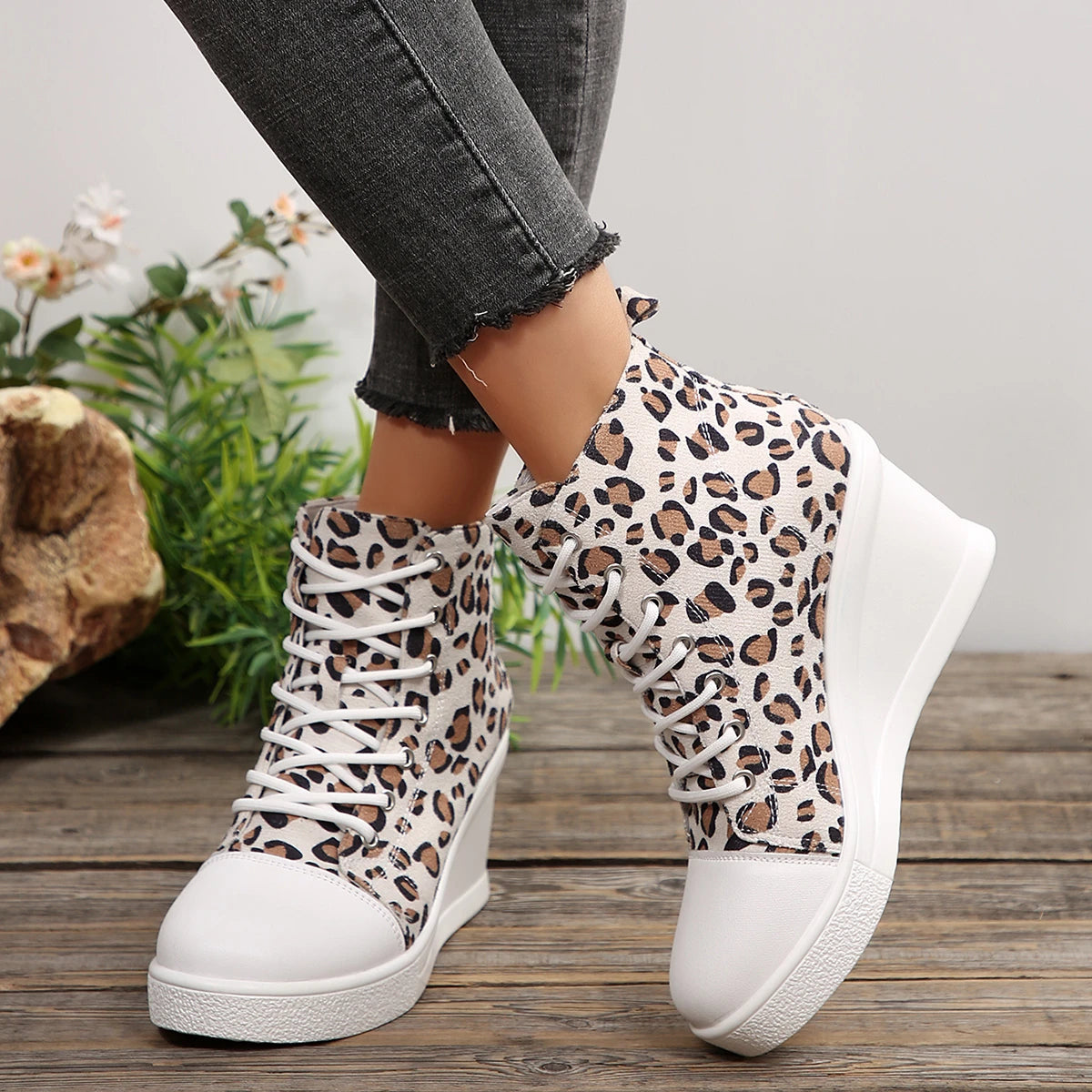 FZ Women's Lace-Up Wedges High Top Platform Canvas Sneakers