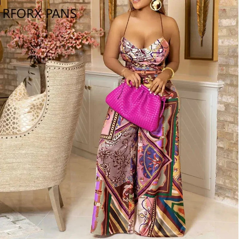 Scarf Print Criss Cross Backless Top & Wide Leg Pants Set Hots Party suits FZwear