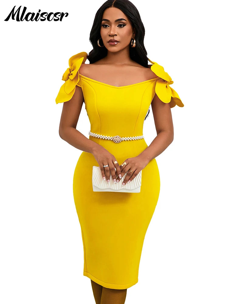 FZ Women's Off the Shoulder Petal Sleeve Mid with Sashes Evening Dress