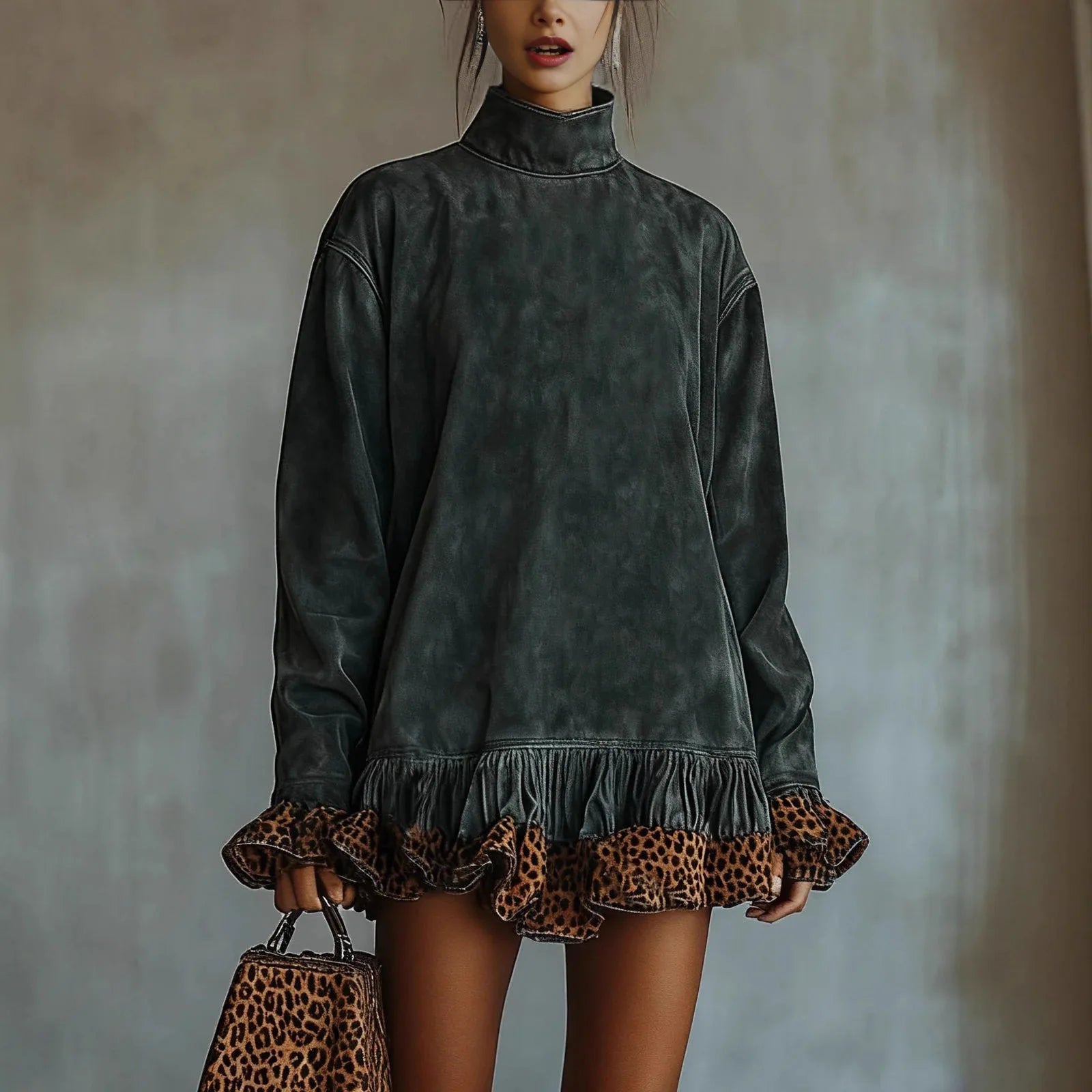 FZ Women's Turtleneck Leopard Trim Vintage Flare Sleeve Mini Dress