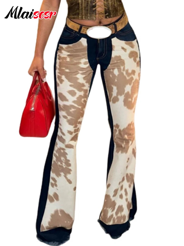 FZ Women's High Street Printed Patchwork Stretch Boot Cut Denim Pants