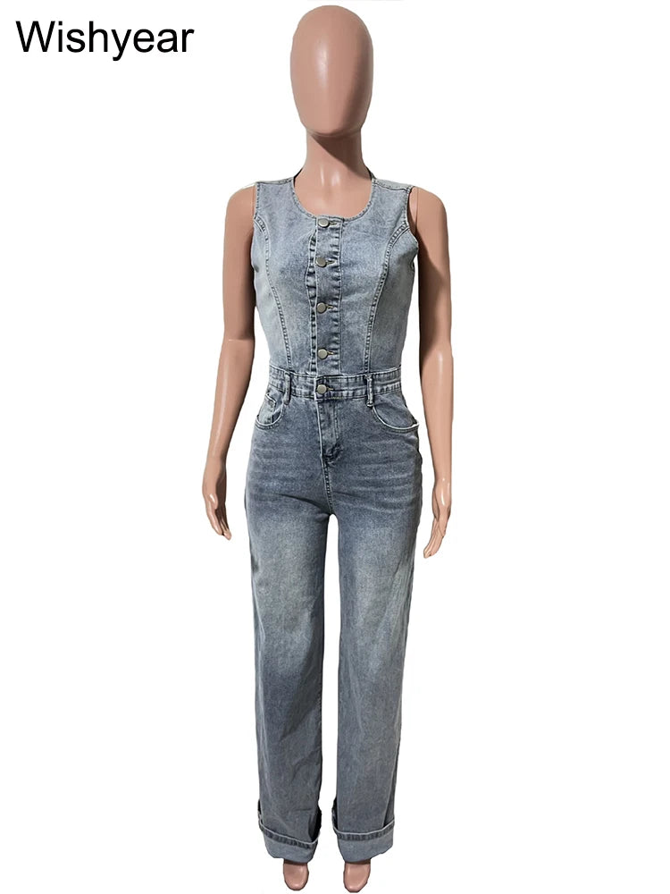 FZ Women's High Waist Wide Leg Cuffed Hem Button Front Sleeveless Denim Jumpsuit