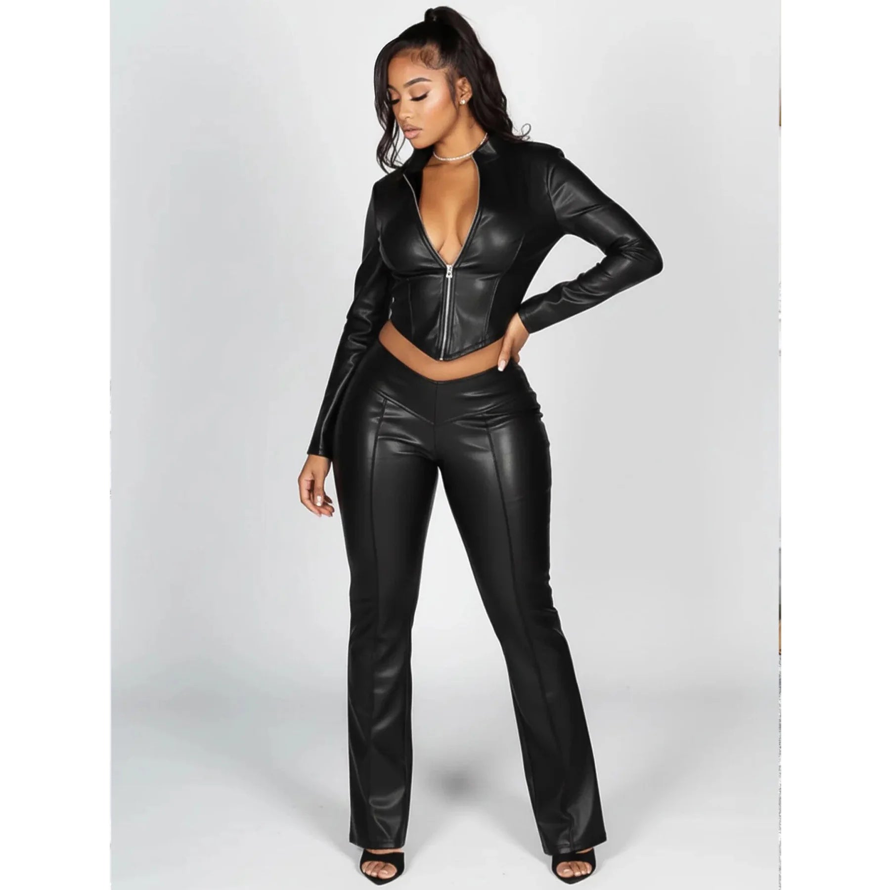 FZ Women's Y2K Streetwear Leather 2 Piece Pant Suit