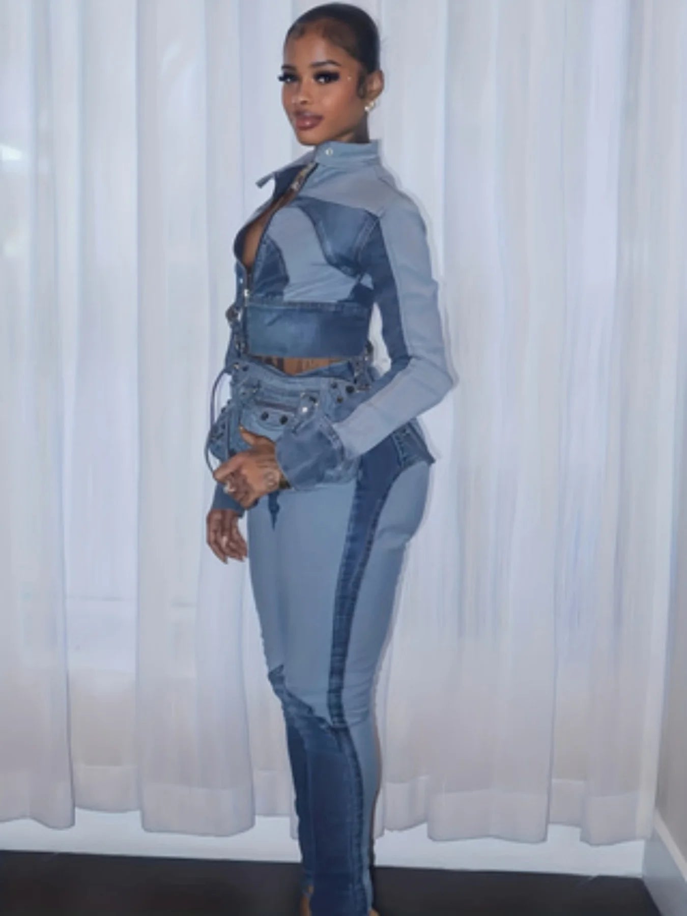 FZ Women's High-Elasticity With A Faux Collar Slim-Fit Denim Suit