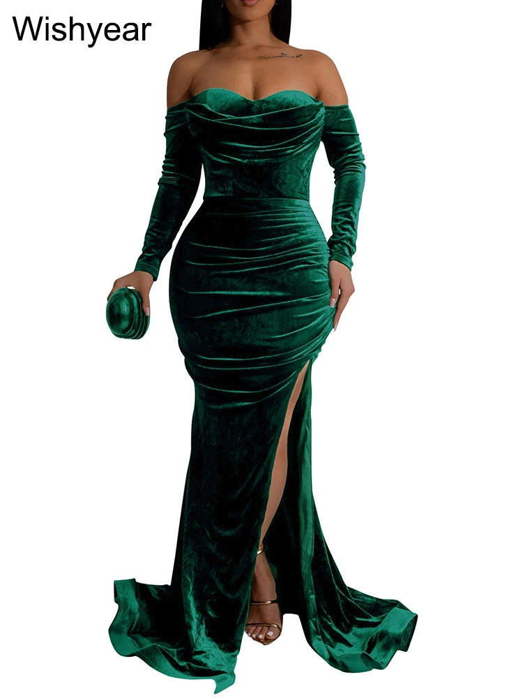 FZ Women's Velvet Off Shoulder Long Sleeve Ruched Split Mermaid Evening Dress