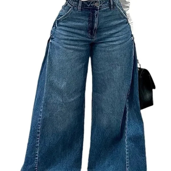 FZ Women's Spliced Casual Trendy Loose Wide Leg Flare Denim Pants
