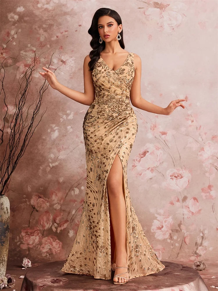 FZ Women's V-neck Slit Sequin Mermaid Deep Cocktail Evening Dress