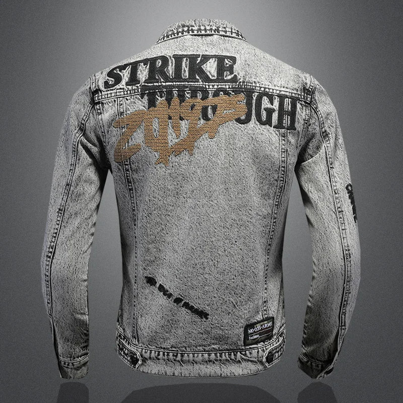 FZ Men's Snowflake Wash Letters Denim Jacket