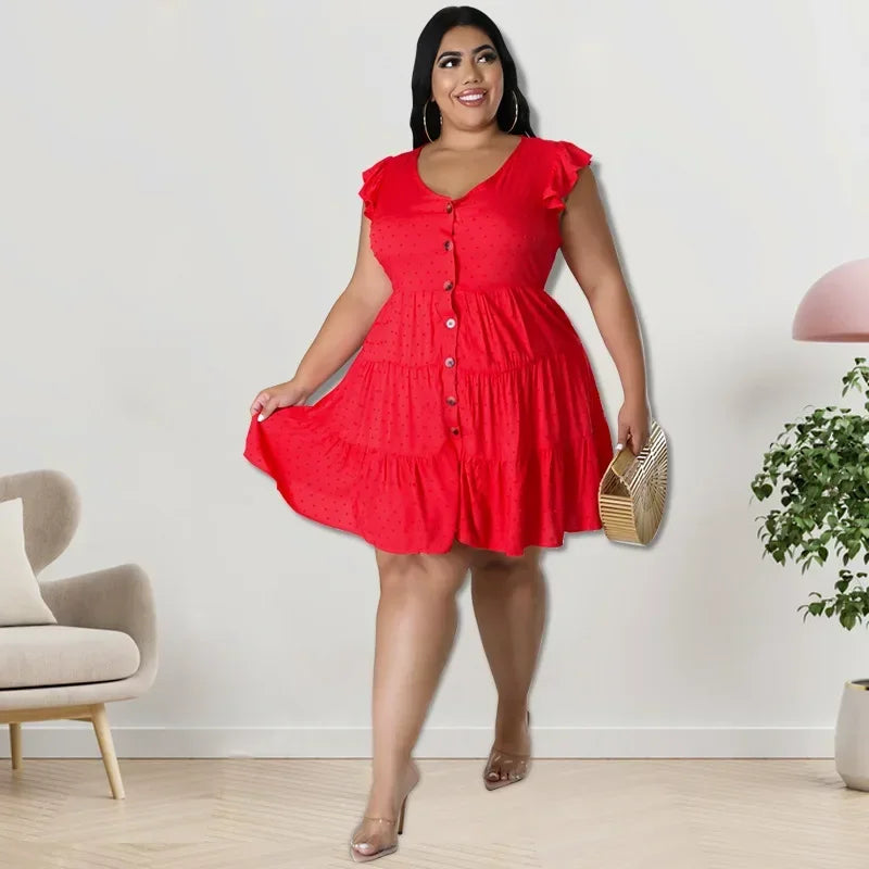 FZ Women's Plus Size Solid Ruffles Short Sleeve Turn-down Collar Single Breasted Dress