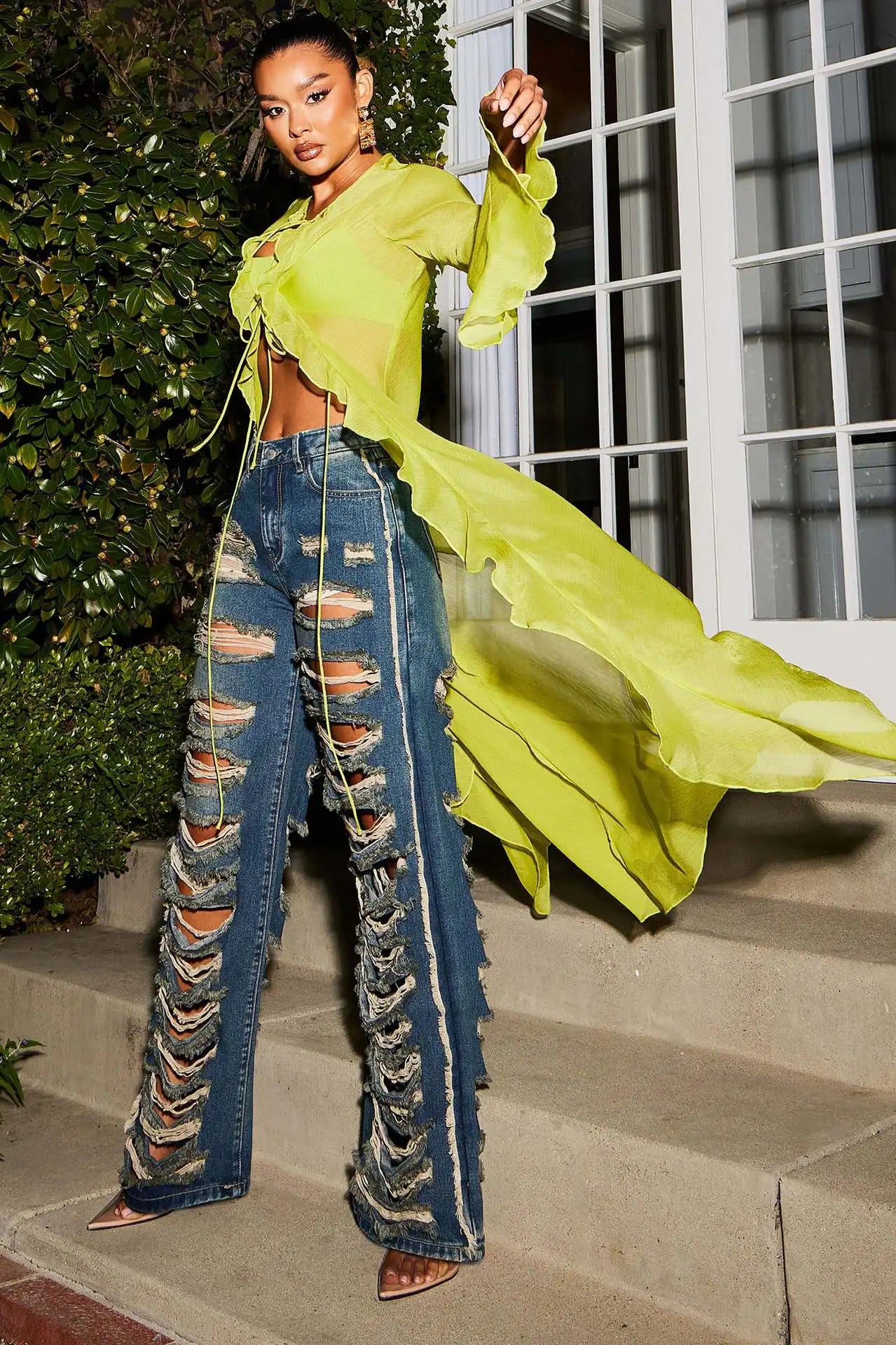 FZ Women's Streetwear Cutout Ripped Hollow Out Wide Leg Denim Pants - FZwear