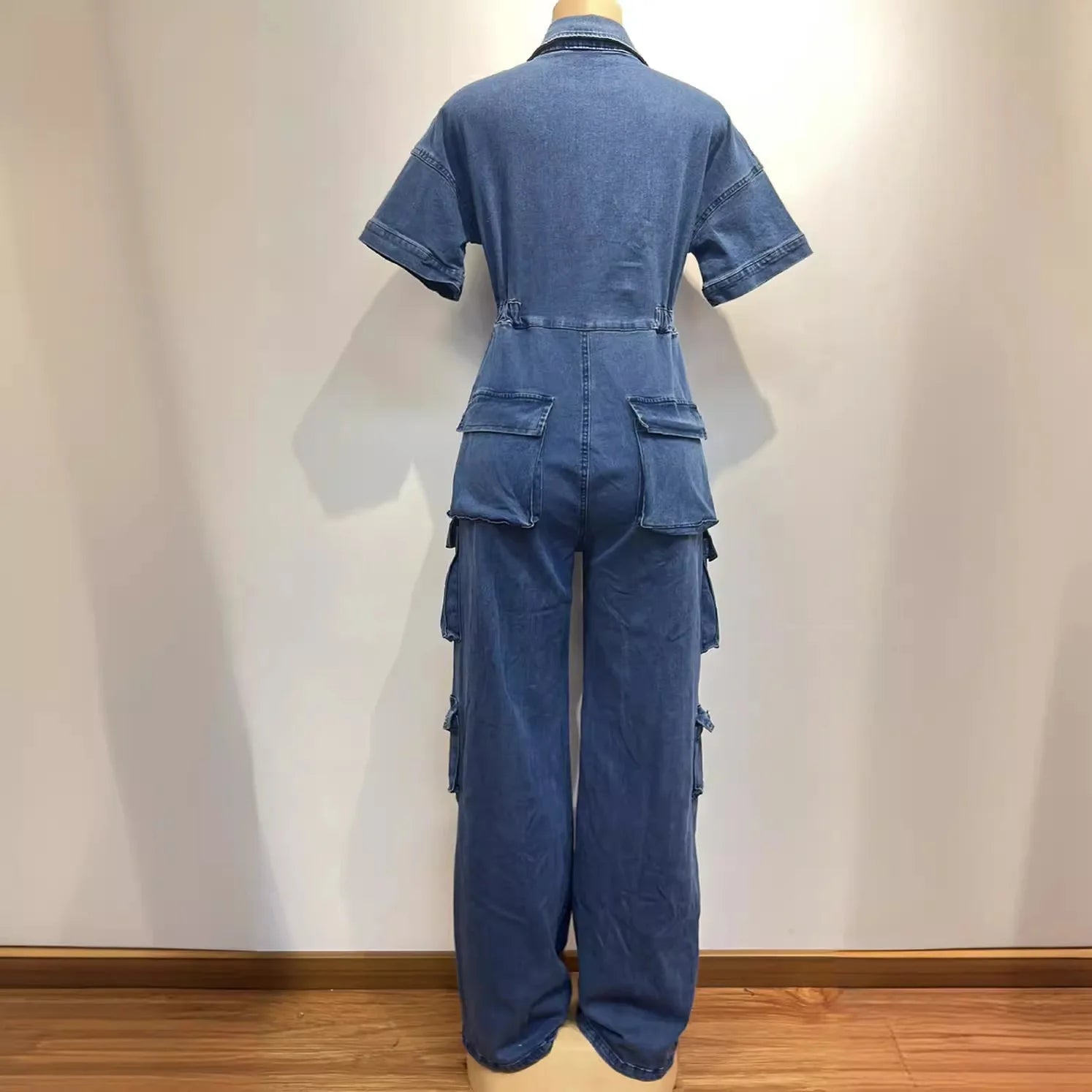 FZ Women's Casual Solid Cargo High Waist One Piece Denim Jumpsuit