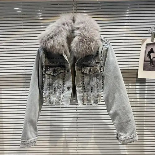 FZ Women's Fried Street Style Fur Collar + Fur Liner Rivet Short Denim Jacket