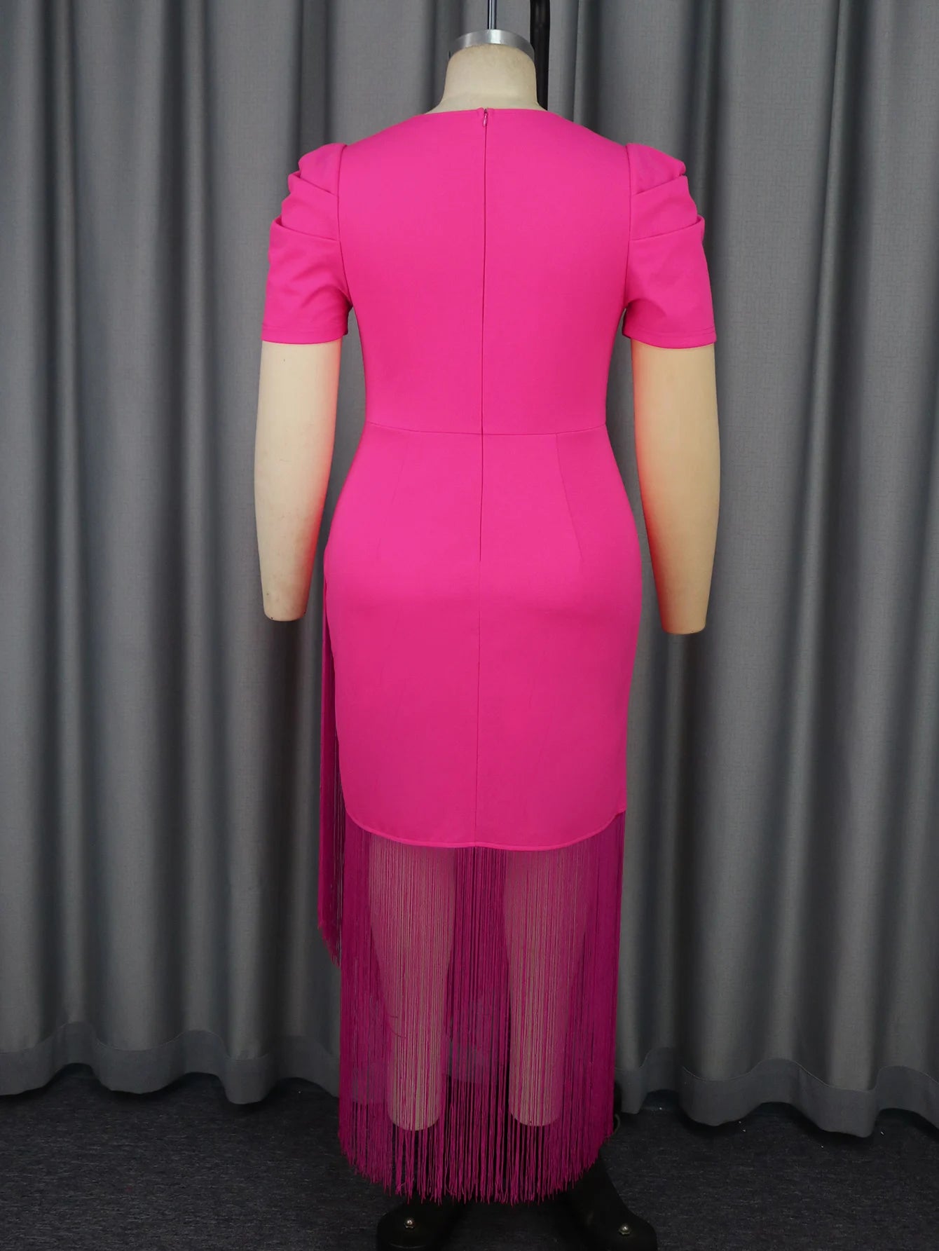 FZ Women's Plus Size V Neck Fringe Short Sleeve with Tassel Trim Evening Dress