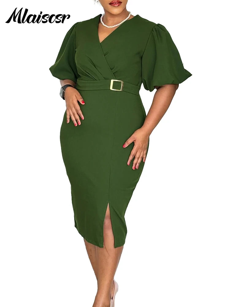 FZ Women's V Neck Short Sleeve Belt Waisted Mid Church Dress