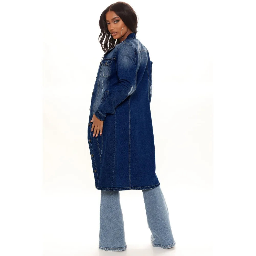 FZ Women's Hole Loose Turndown Collar Straight Denim Jacket - FZwear