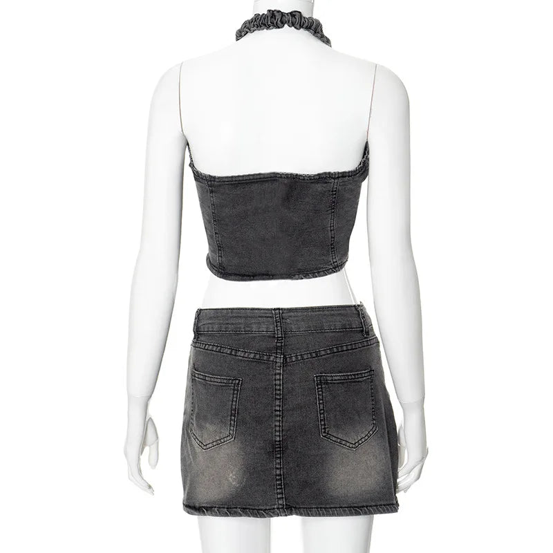 FZ Women's Tassel Cross Embroidery Two Piece Grommet Lace Mini Skirts Suit - FZwear