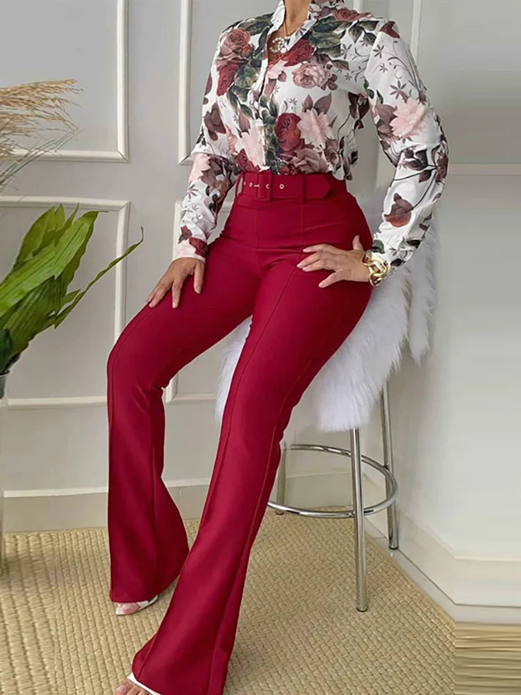 FZ Women's Elegant Wide Leg Retro Printed Slim Fit Office Pants Suit - FZwear