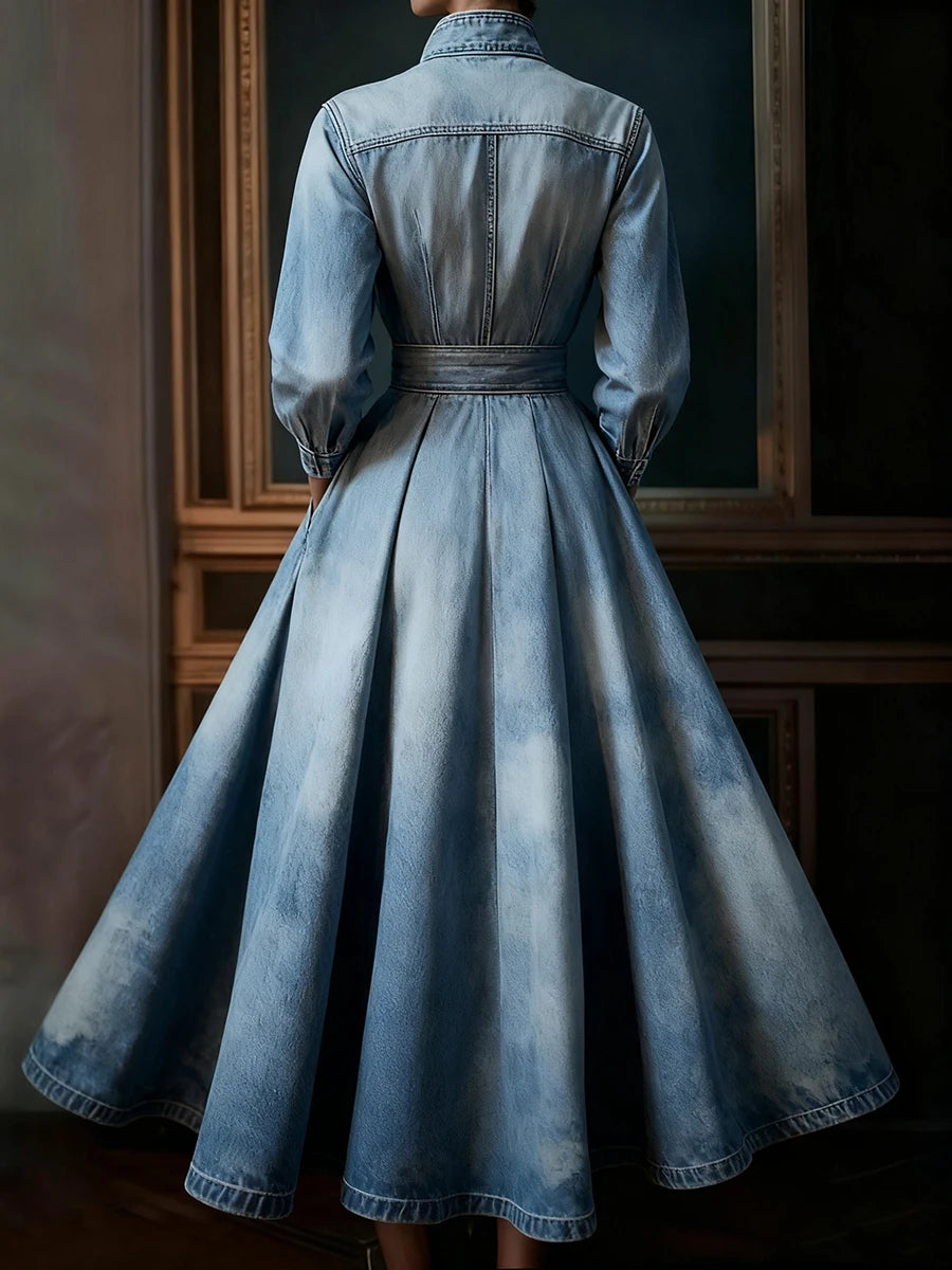 FZ Women's Stand Collar Long Sleeve Pocket Pleated Belt Maxi Denim Dress
