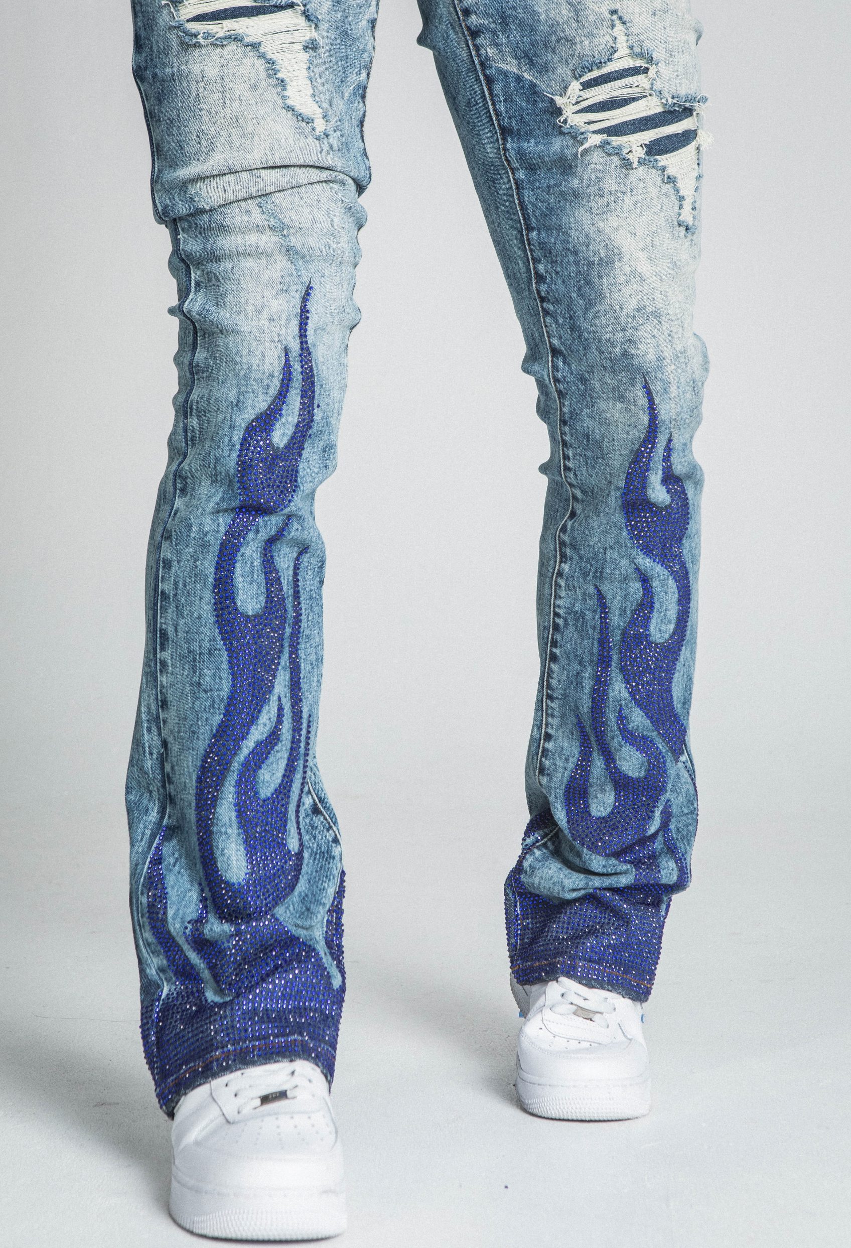 AJ23SK FLAME RHINESTONE STACKED JEANS PANTS